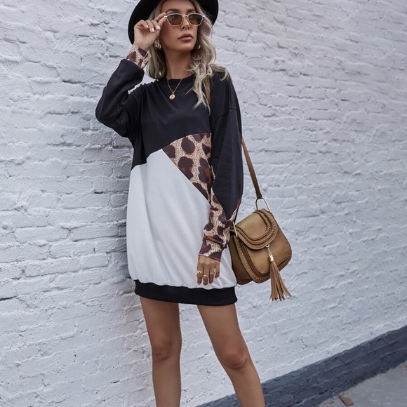 Color block black leopard print oversized dress - Picture 2 of 4